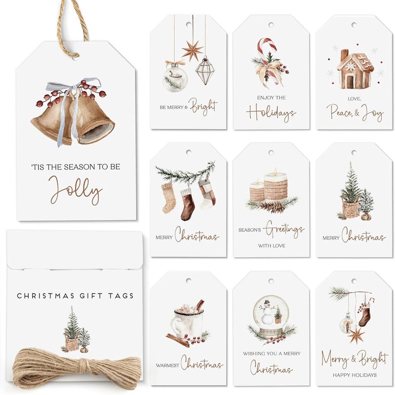 AUDREE 50 Pcs Christmas Gift Tags with String - Cozy Holiday Gift Tags for Xmas Presents - Christmas Name Tags for Gifts - Hanging Labels Decoration Xmas Winter Holiday Present DIY Crafts - Image 1